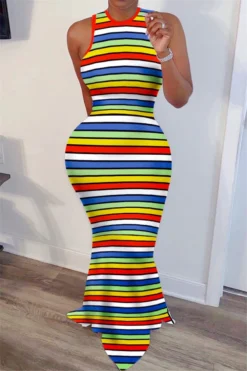 Plus Size Summer Sleeveless Multicolor Stripes Batch Printing Fashion Stretch Dress Wholesale