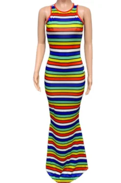 Plus Size Summer Sleeveless Multicolor Stripes Batch Printing Fashion Stretch Dress Wholesale -Plus-Size Dresses Sales Store b21029 3