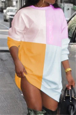 Plus Size New Stylish Letters Printing Autumn Contrast Color Stretch Loose Dress Wholesale Plus-Size Dresses