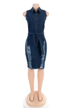 Plus Size Solid Color Back Zip-up Single Breasted Micro Elastic Hole Denim Dress (with Belt) Wholesale Casual Dresses -Plus-Size Dresses Sales Store b21170 r1