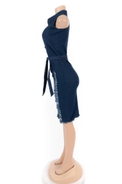 Plus Size Solid Color Back Zip-up Single Breasted Micro Elastic Hole Denim Dress (with Belt) Wholesale Casual Dresses -Plus-Size Dresses Sales Store b21170 r2