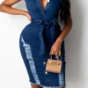 Plus Size Solid Color Back Zip-up Single Breasted Micro Elastic Hole Denim Dress (with Belt) Wholesale Casual Dresses