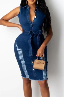 Plus Size Solid Color Back Zip-up Single Breasted Micro Elastic Hole Denim Dress (with Belt) Wholesale Casual Dresses