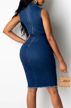 Plus Size Solid Color Back Zip-up Single Breasted Micro Elastic Hole Denim Dress (with Belt) Wholesale Casual Dresses -Plus-Size Dresses Sales Store b21170 2