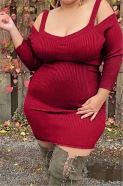 Plus Size Solid Color Hollow Out Sling Simple New Fashion Stretch Slim Dress Wholesale Plus-Size Dresses
