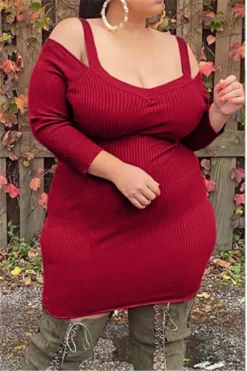 Plus Size Solid Color Hollow Out Sling Simple New Fashion Stretch Slim Dress Wholesale Plus-Size Dresses -Plus-Size Dresses Sales Store b21529 3