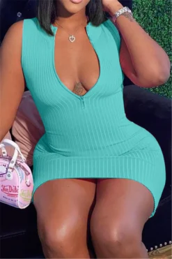 XS-3XL Solid Color Zip-up Stretch New Stylish Simple Sexy Bodycon Dress Wholesale