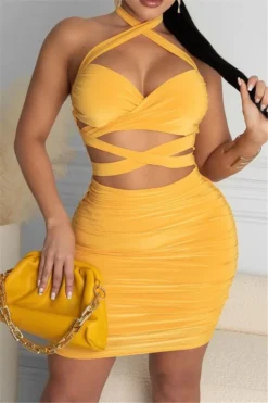 Two Colors New Style Summer Hollow Out Halter Neck Slim Sexy Mini Dress Wholesale Cut Out Dresses