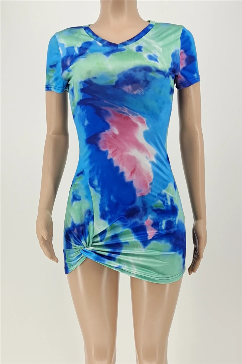 Plus Size Stylish Summer Sexy Tie Dye Batch Printing Knotted Irregular Mini Dress#2# Wholesale Plus-Size Dresses 3 Plus Size Stylish Summer Sexy Tie Dye Batch Printing Knotted Irregular Mini Dress#2# Wholesale Plus-Size Dresses - Image 3