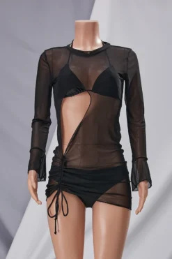 New Pure Color Padded Halter-neck Lace-up Triangle Sexy Two-piece Bikini With See Through Mesh Drawstring Dress Cover-ups Wholesale -Plus-Size Dresses Sales Store ba004221 1