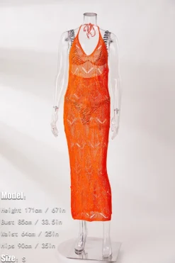 S-2XL New Plus Size 5 Colors Solid Color Hollow Out Knitted Micro-elastic Halter-neck Tied Sexy Beach Dress Cover-ups (without Lining) Wholesale -Plus-Size Dresses Sales Store ba006085 orange s 1