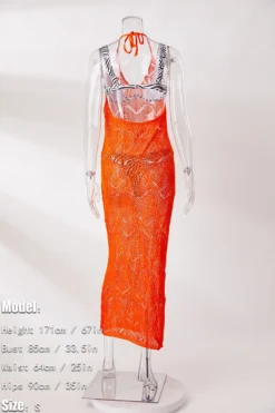 S-2XL New Plus Size 5 Colors Solid Color Hollow Out Knitted Micro-elastic Halter-neck Tied Sexy Beach Dress Cover-ups (without Lining) Wholesale -Plus-Size Dresses Sales Store ba006085 orange s 3