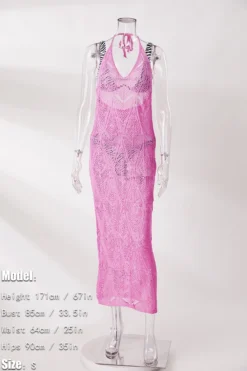 S-2XL New Plus Size 5 Colors Solid Color Hollow Out Knitted Micro-elastic Halter-neck Tied Sexy Beach Dress Cover-ups (without Lining) Wholesale -Plus-Size Dresses Sales Store ba006085 pink s 1