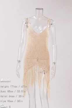 Sexy 2 Colors Hollow Crochet Tassel Halter-neck Dress Cover-ups(only Dress) Wholesale Cover-ups -Plus-Size Dresses Sales Store ba009748 beige s 1