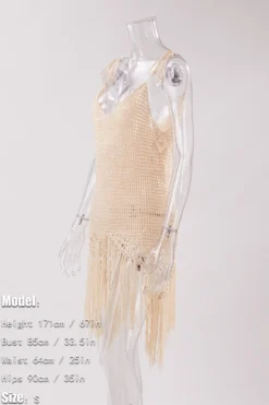 Sexy 2 Colors Hollow Crochet Tassel Halter-neck Dress Cover-ups(only Dress) Wholesale Cover-ups -Plus-Size Dresses Sales Store ba009748 beige s 2