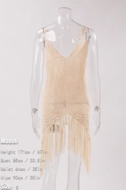 Sexy 2 Colors Hollow Crochet Tassel Halter-neck Dress Cover-ups(only Dress) Wholesale Cover-ups -Plus-Size Dresses Sales Store ba009748 beige s 3