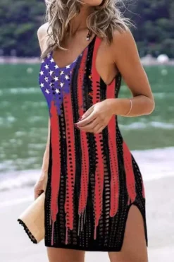 Sexy Plus Size American Flag Printing Cutout Knitted Beach Dress Cover-up #3 Wholesale Cover-ups