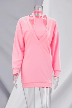 Autumn New Plus Size Solid Color Stretch Vest With V-neck Mini Dress Stylish Two-piece Set Wholesale Plus-Size Dresses -Plus-Size Dresses Sales Store da002191 pink r1